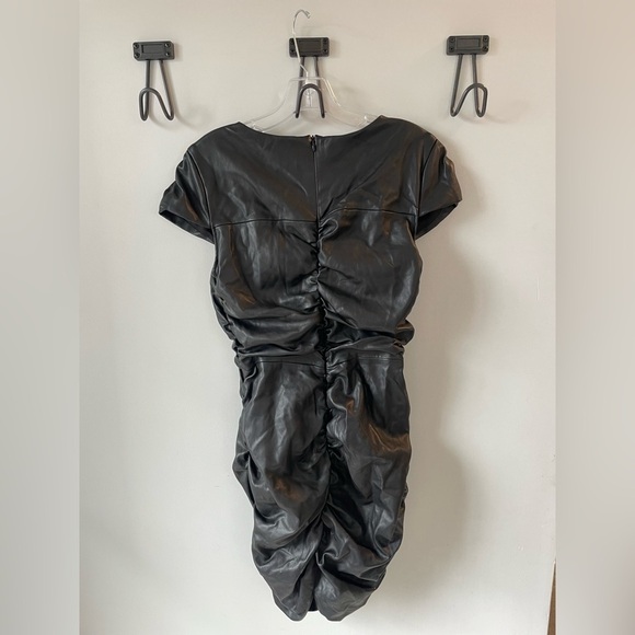 Zara, women’s Medium, black ruched cap sleeve vegan leather mini dress - Picture 3 of 6
